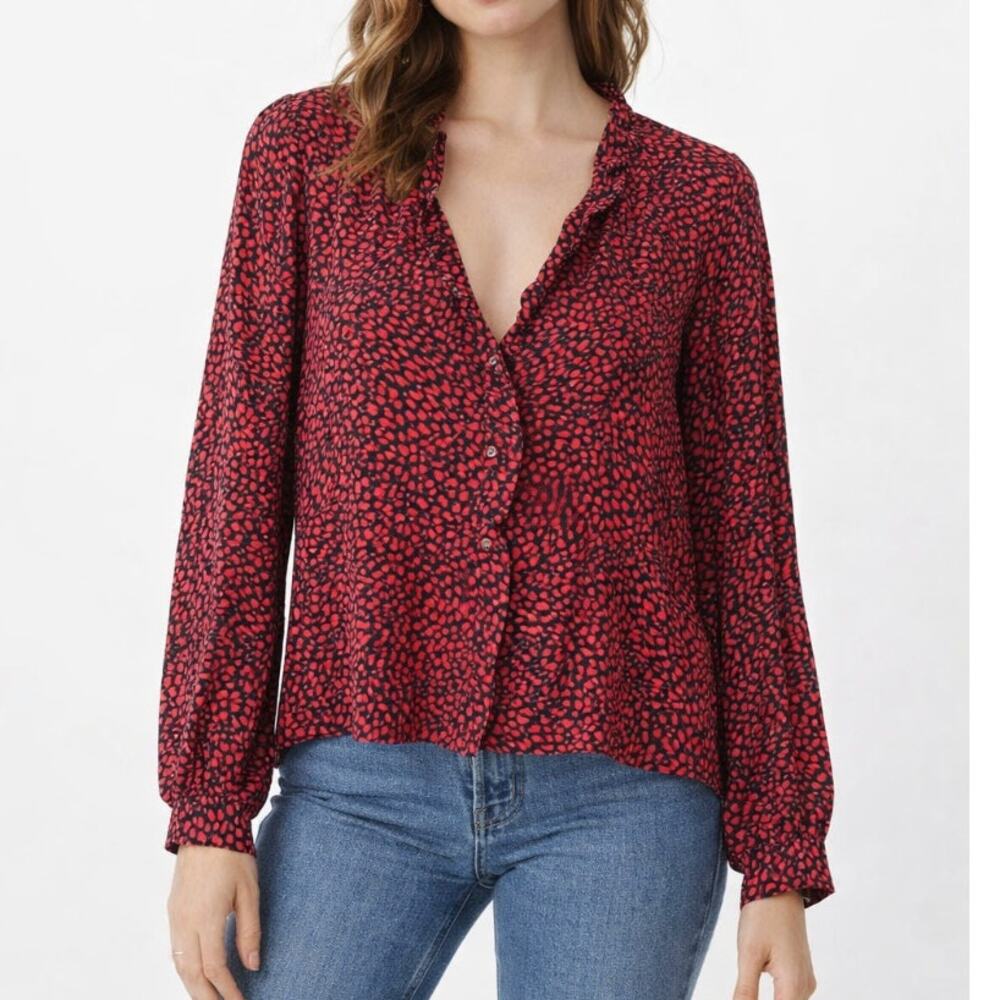 Rollas Rayon Blend Ruffle Blouse Red Black Size L NWT Officecore Boho Romantic